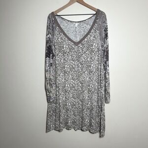 Cato Womens Tunic Dress XL Gray Mixed Print V-Neck Animal Floral Lagenlook